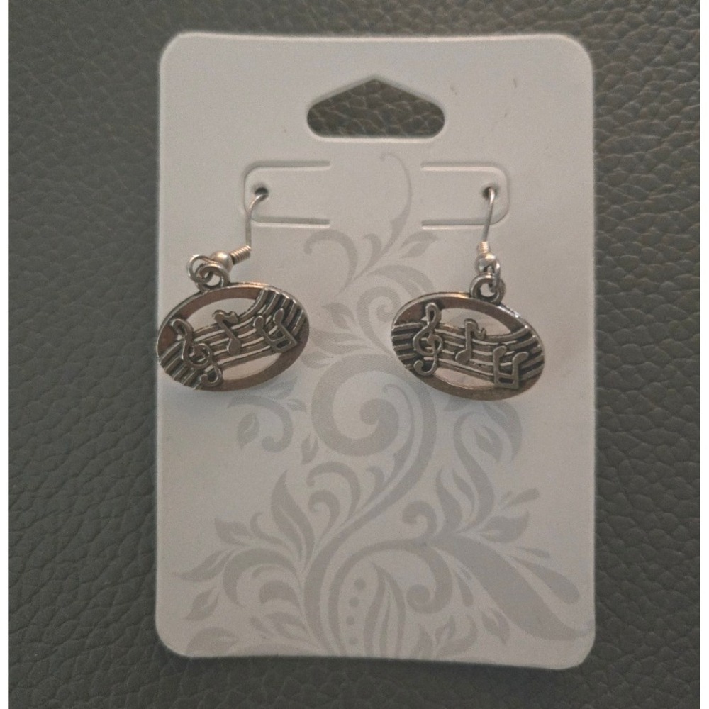 New Musical Staff & Treble Clef Oval Dangle Earrings - Silver Tone Music Jewelry